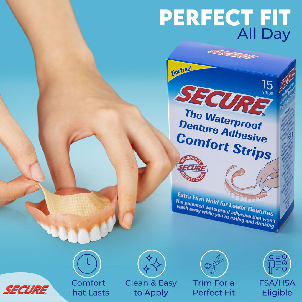 Secure Denture Adhesive Comfort Strips, 15 Strips (Pack of 6)