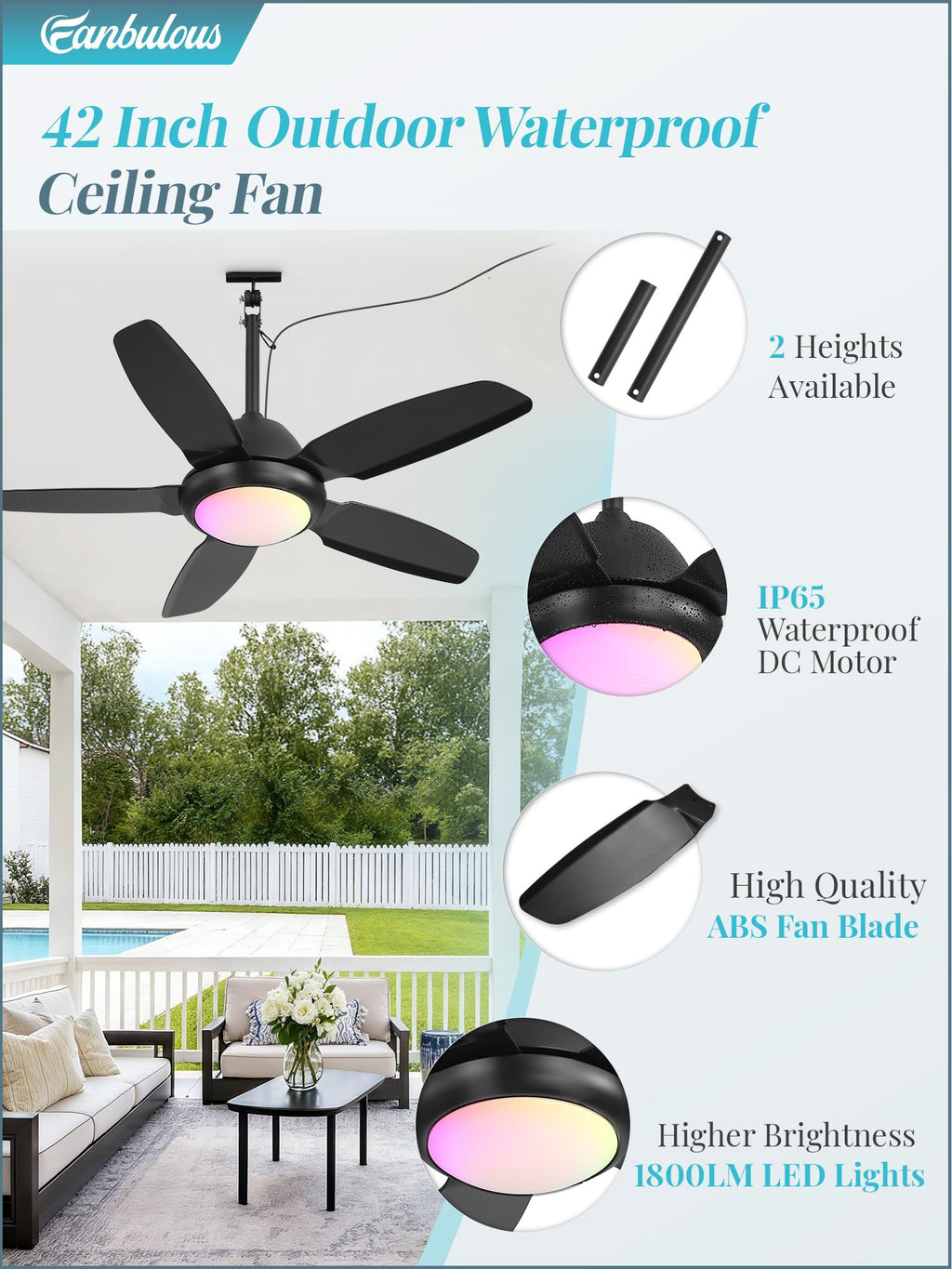 Fanbulous 42 Inch RGB Waterproof Outdoor Ceiling Fan with Lights,APP & Remote Control,IP65 Hanging Gazebo Fan with 3CCT 6-Speed DC Motor,Black Wet Rated Plug in with Cord for Patios Porch Pergola