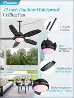 Fanbulous 42 Inch RGB Waterproof Outdoor Ceiling Fan with Lights,APP & Remote Control,IP65 Hanging Gazebo Fan with 3CCT 6-Speed DC Motor,Black Wet Rated Plug in with Cord for Patios Porch Pergola