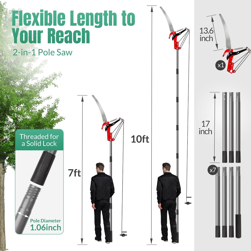 Pole Saw for Tree Trimming, 2-in-1 Tree Pruner with Saw & Pruning Scissors, 10FT Tree Trimmer, Quadruple Pulley System for High Branch Trimming, Yard, Garden & Orchard