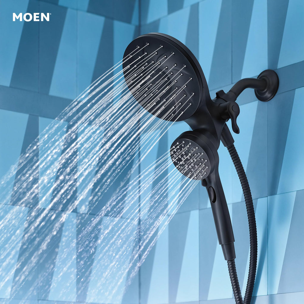 Moen Engage Magnetix Matte Black Multi-Function Handshower and Rainfall Shower Head Trim Combo with Shower Handle, Tub Spout, Metal Hose, and Valve, 82304BL