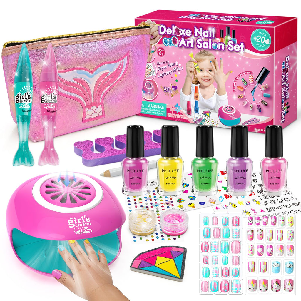 Amagoing Kids Nail Polish Set for Girls, Girls Nail Kit Ages 7-12 with Nail Dryer, Quick-Dry Nail Polish, Nail Art Pens, Cartoon Press on Nail, Makeup Bag, Spa Manicures Birthday Christmas Gift Toy