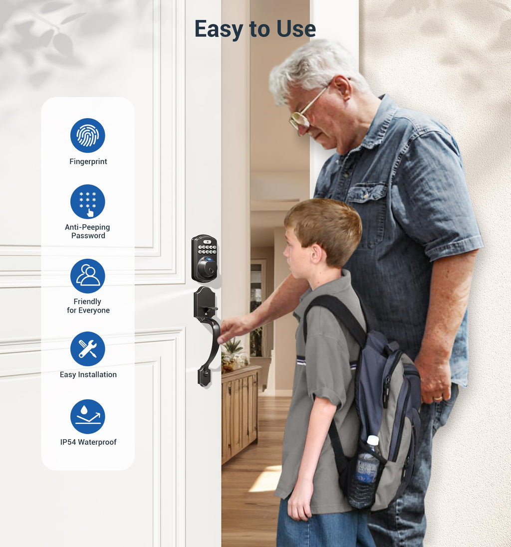 Veise Fingerprint Door Lock Set, Keyless Entry Door Lock, Front Handle Set, Electronic Keypad Deadbolt with Lever Handle, 2 Keys, Auto-Locking, One-time Codes, Easy to Install, Matte Black