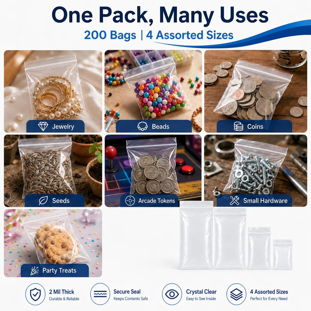 200 Pack Small Plastic Bags For Jewelry, Mini Baggies 4 Assorted Sizes. 2x3 3x3 3x5 4x6 Inch 2 Mil Thick Poly Zipper Lock Bags Clear for Jewelry, Bead, Crafts, Small Parts Storage
