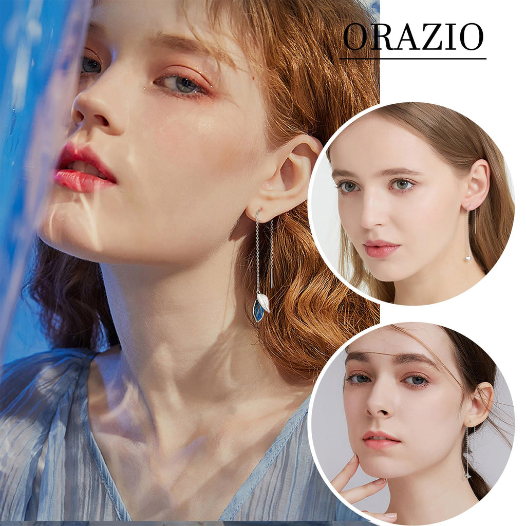 ORAZIO Threader Earrings for Women Stainless Steel Chain Earrings, Silver