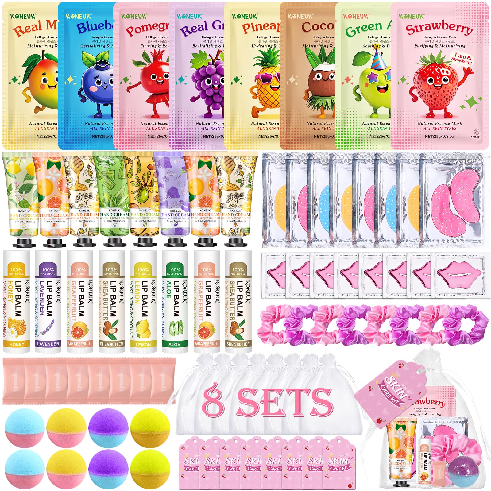 80PCS Spa Party Supplies for Girls, Include Facial Masks, Lip Balm, Hand Cream, Under Eye Patches, Lip Mask, Foot Bath Bombs, Compressed Towels, Sleepover and Spa Birthday Party Supplies for Girls