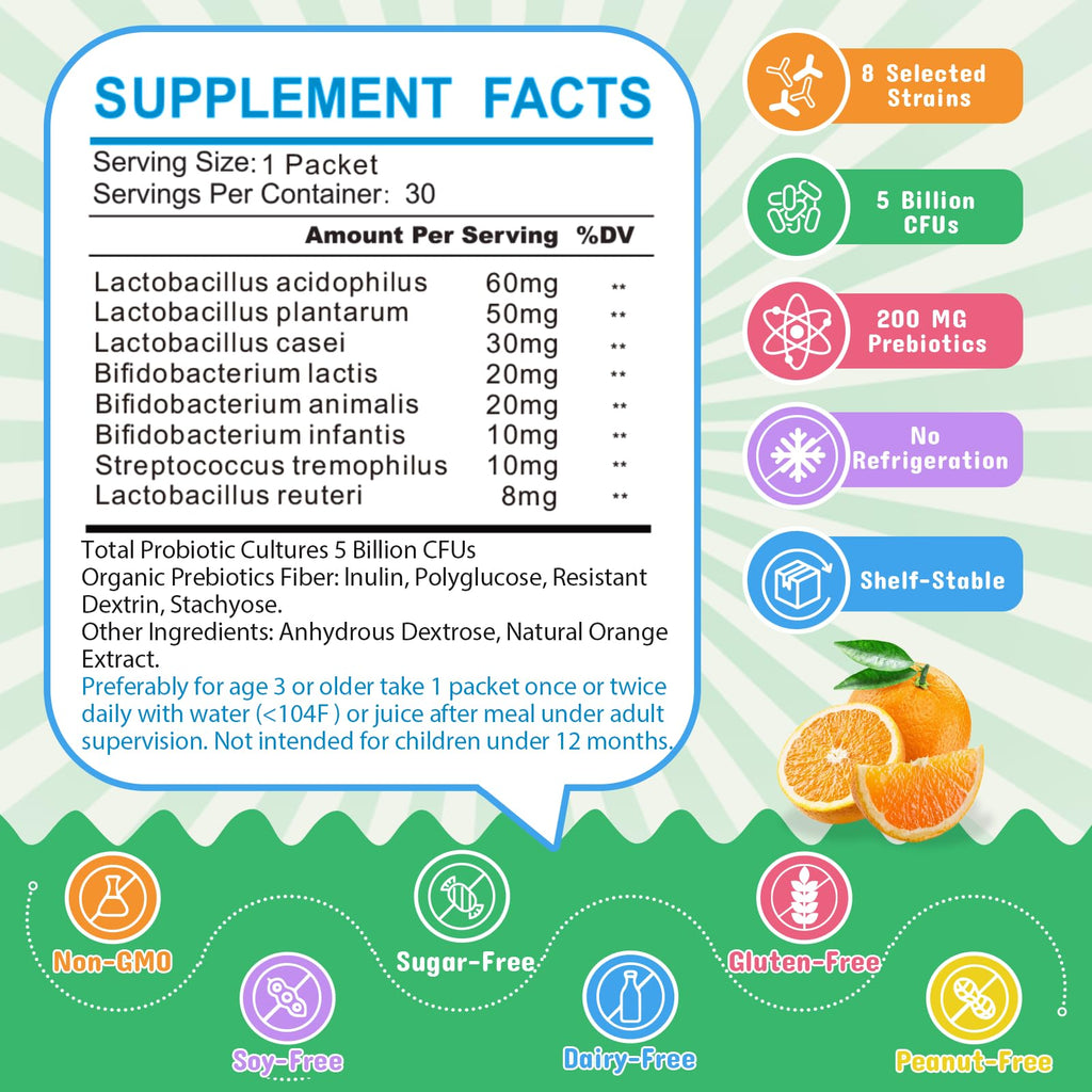 ZEBORA Kids Probiotic & Prebiotics Powder Age 3+ Support Children's Digestive & Immune System with Natural Source, Promotes Constipation Relief, Non-GMO, Gluten-Free, 30 Packets with 5 Billion CFUs