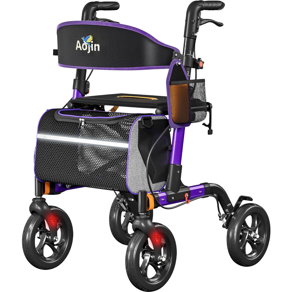Walkers for Seniors, Rollator Walker with Seat, 350 lb Weight Capacity, 18" Big Seat, 8" All-Terrain Wheels, 6-Level Adjustable Height, Lightweight Aluminum Frame Rollator Walkers for Seniors (Purple)