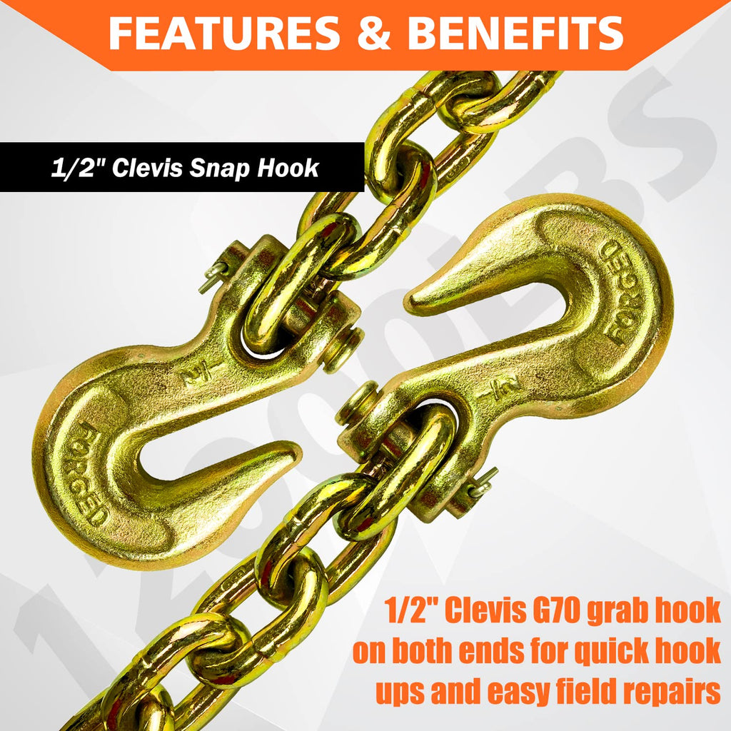 YATOINTO G80 Transport Binder Chain 1/2 Inch x 20 Foot Safety/Binder Chain with Clevis Grab Hooks 12,000 lbs Safe Working Load Logging Chain for Transporting Towing Tie Down Binding Equipment
