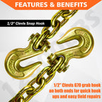 YATOINTO G80 Transport Binder Chain 1/2 Inch x 20 Foot Safety/Binder Chain with Clevis Grab Hooks 12,000 lbs Safe Working Load Logging Chain for Transporting Towing Tie Down Binding Equipment