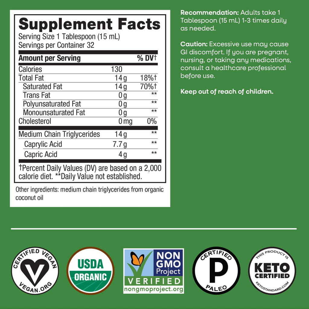 Nature's Way Organic MCT Oil, Brain and Body Fuel*, Liquid Coconut MCT Oil with C8 Caprylic & C10 Capric Acids, 14 g Medium Chain Triglycerides per Serving, Keto & Paleo Certified, Non-GMO, 16 Fl Oz