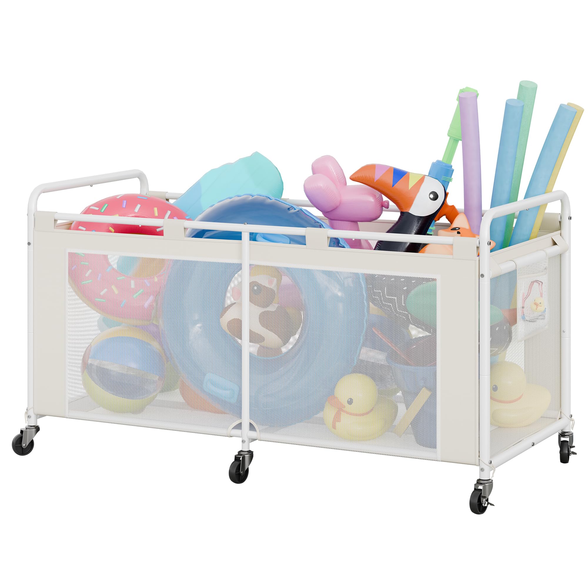 GRANNY SAYS Pool Float Storage Organizer, 290-Gallon Large Pool Storage Bin,35" Pool Toy Storage Cart with Wheels for Floats,Toys and Balls,Mesh Poolside Storage Holder for Swimming Pool,Beige