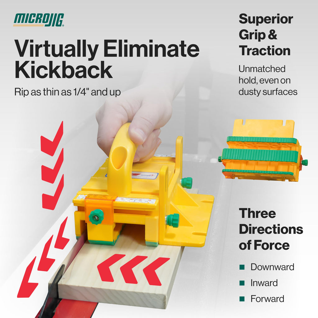 GRR-RIPPER+ by Microjig. Includes SafeRip Kit. Fully Adjustable 3D Push Block for Table Saws, Router Tables, Band Saws, and Jointers. (SKU: GR-100+) Yellow/Green
