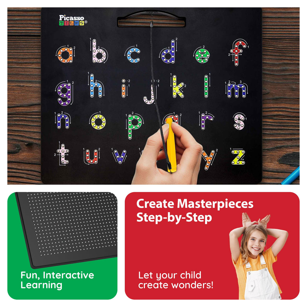 PicassoTiles 2-in-1 Magnetic Drawing Board Toy 12x10 inch Large Magnet Bead Tablet Pad with 2 Facings Alphabet STEM Free Style Educational Erasable & Reusable Learning Writing Playboard in Black PTB04