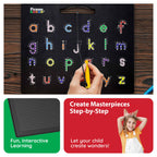 PicassoTiles 2-in-1 Magnetic Drawing Board Toy 12x10 inch Large Magnet Bead Tablet Pad with 2 Facings Alphabet STEM Free Style Educational Erasable & Reusable Learning Writing Playboard in Black PTB04