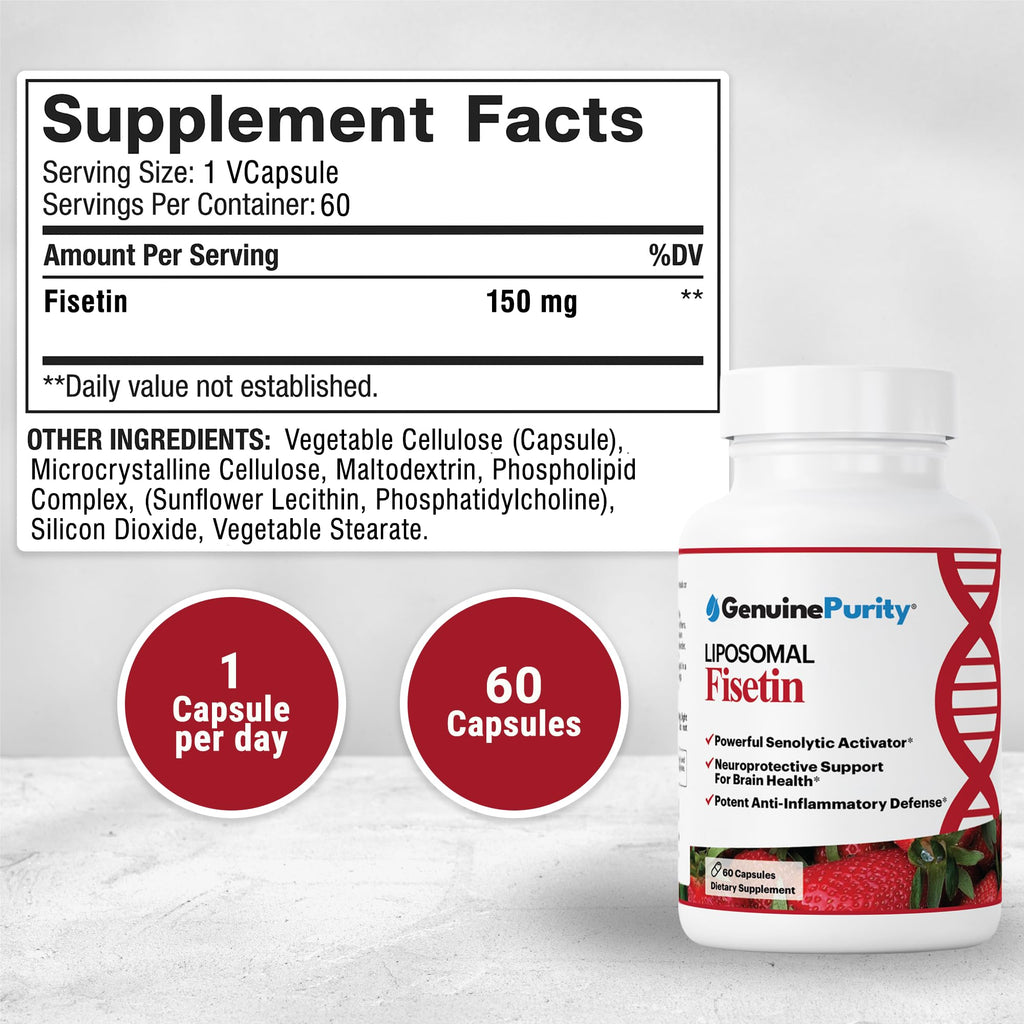 GenuinePurity Liposomal Fisetin 150mg — 60 Vegan Capsules to Support Cellular Health, Antioxidant Defense & Cognitive Wellness — Gluten Free, Non-GMO, Made in USA