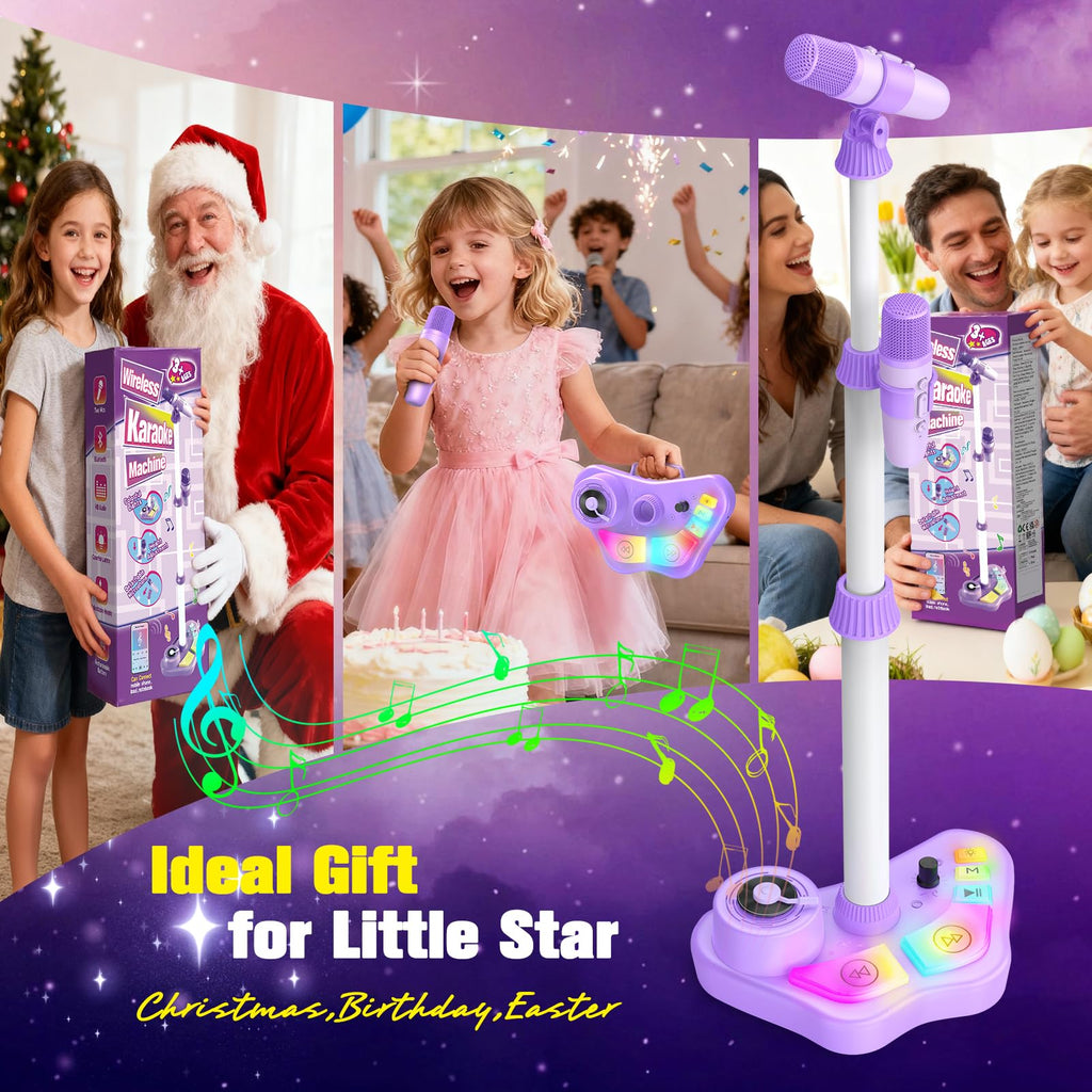 Stand Karaoke Machine for Kids, Christmas Singing Toys Gifts for 3 4 5 6 7 8 Year Old Girls Boys, Rechargeable Kid Microphone Bluetooth Speaker with 2 Mic for Girl Age 4-6 Toddler Birthday Party Toy