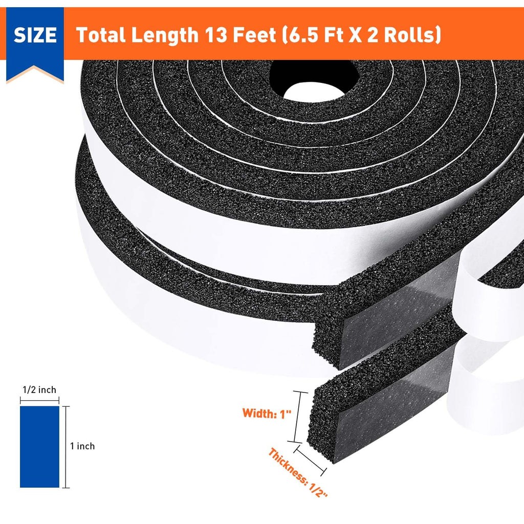 MAGZO Weather Stripping Door Seal 1 Inch W X 1/2 Inch T, Strong Adhesion and High Resilience Air Conditioner Foam Insulation for Cars, Total Length 13 Feet (6.5 ft x 2 Rolls)