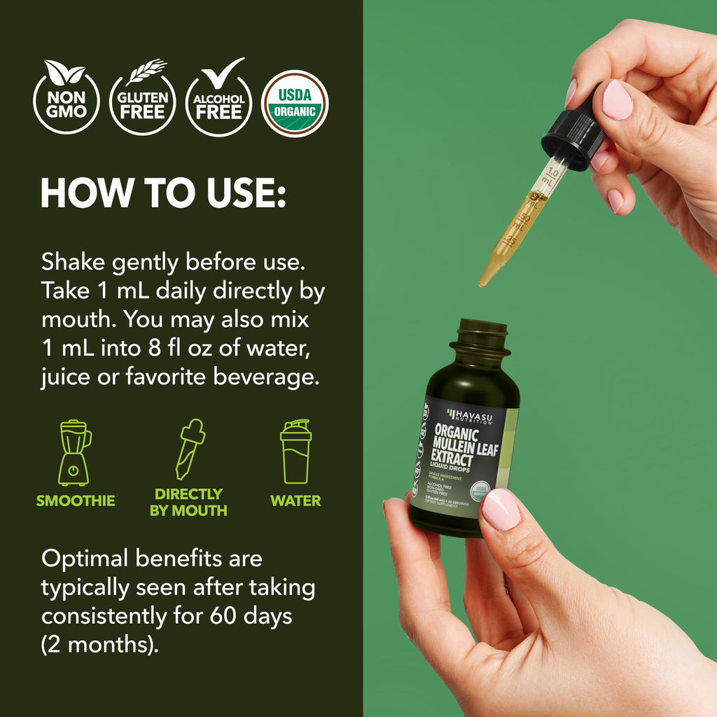 Mullein Drops for Lungs - USDA Organic Mullein Leaf Extract - Respiratory Health and Lung Support Supplement - 2 Fl Oz - Vegan, Non-GMO, and Alcohol Free Formula - Herbal Tincture - 2 Month Supply