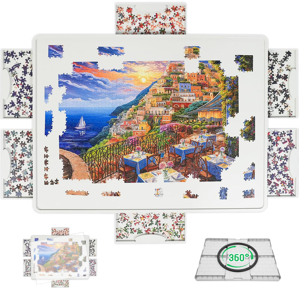 BuilderButler Lightweight 1500 Pieces Rotating Puzzle Board with 6 Sliding Drawers and Cover – 360° Lazy Susan Spinning, 34.25"x26.38" Portable Plastic Puzzle Table, for Mom