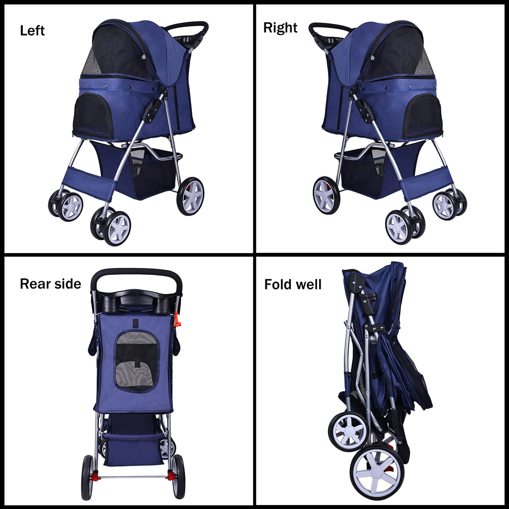 Elevon Pet Stroller, 4 Wheels Multifunction Dog Cat Stroller, Folding Portable Travel Stroller with Detachable Carrier, Suitable for Medium Small Dogs Cats, Blue