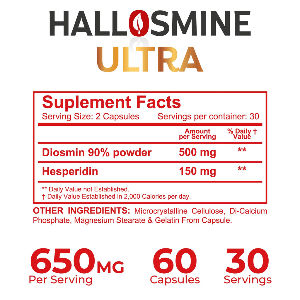 Hallusa Natural Hallosmine Ultra 650mg Diosmin Hesperidin + Bonus Leg Cream, High Potency Circulation & Vein Support Supplement, Varicose Veins, Spider Veins, Hemorrhoids, Blood Flow, 60 Capsules