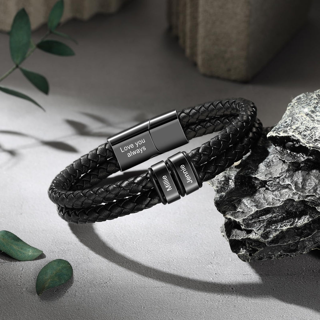 Aiemghsde Personalized Custom Name Bracelets for Men - Mens Leather Bracelet with 2-6 Family Names,Customized Bracelet Father's Day Dad Gifts for Husband Son (2 Names)