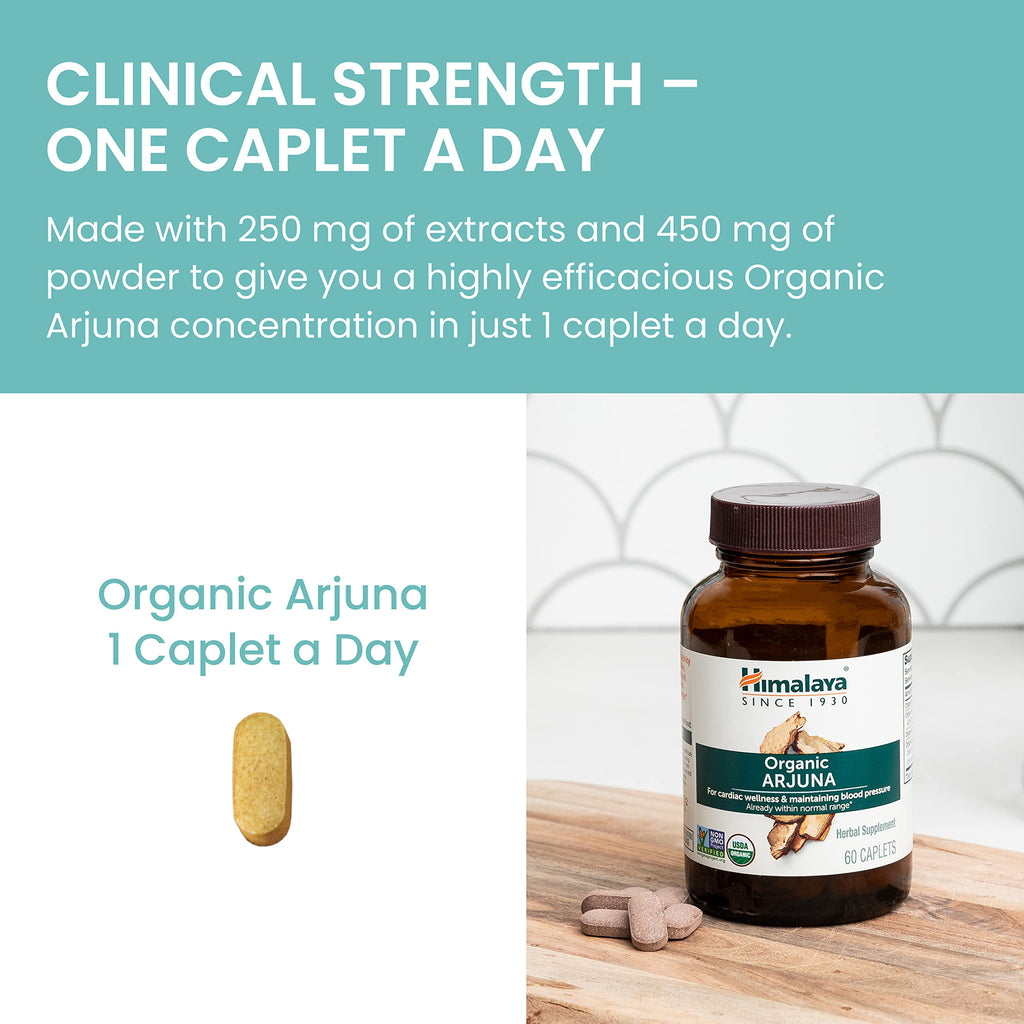 Himalaya Organic Arjuna, 60 Day Supply - Herbal Supplement Supporting Heart Health and Normal Blood Pressure - USDA Organic, Vegan, Non-GMO, Gluten Free, 700 mg, 60 Caplets