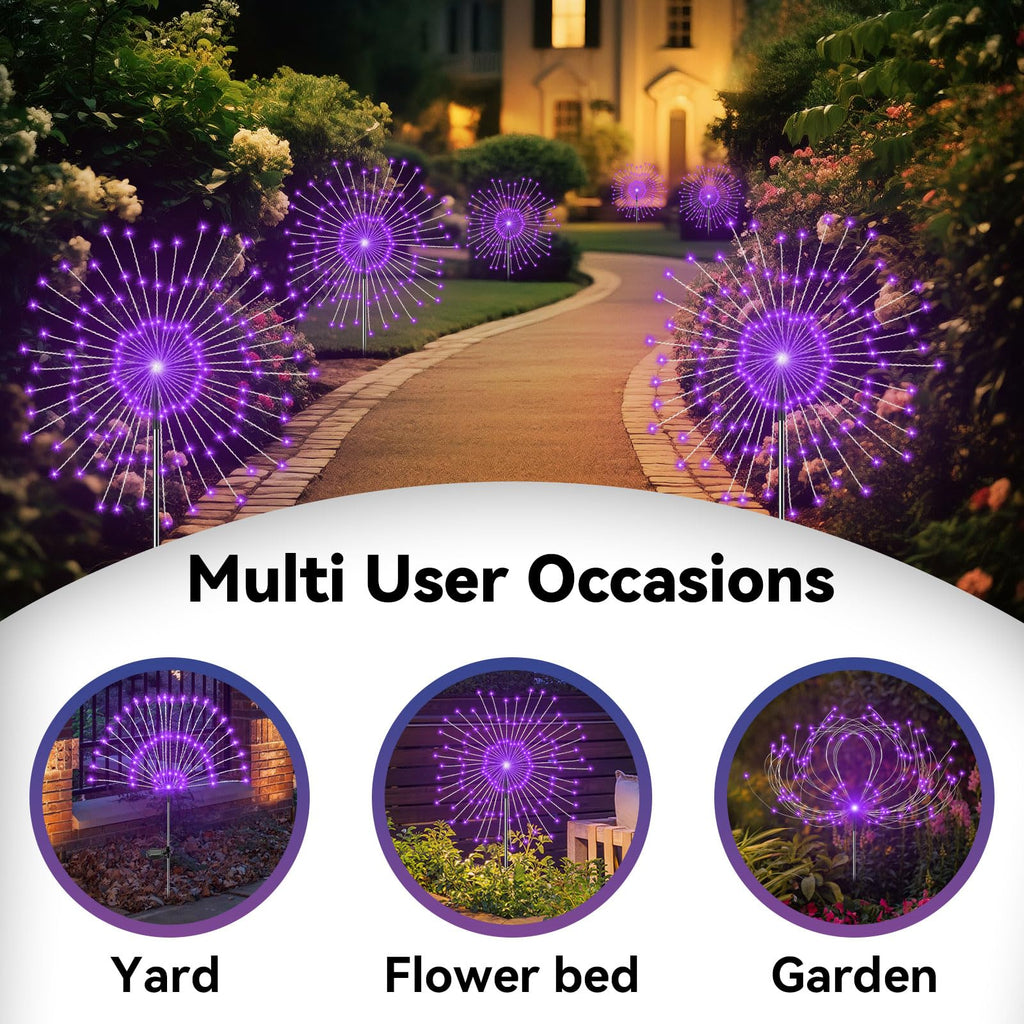 Garden Outdoor Lights, 2 Pack 120 LED Solar Garden Lights Fairy Lights Outdoor Waterproof Decorative Solar Firework Lights for Yard Patio Pathway Flowerbed Party Wedding Decor, Purple