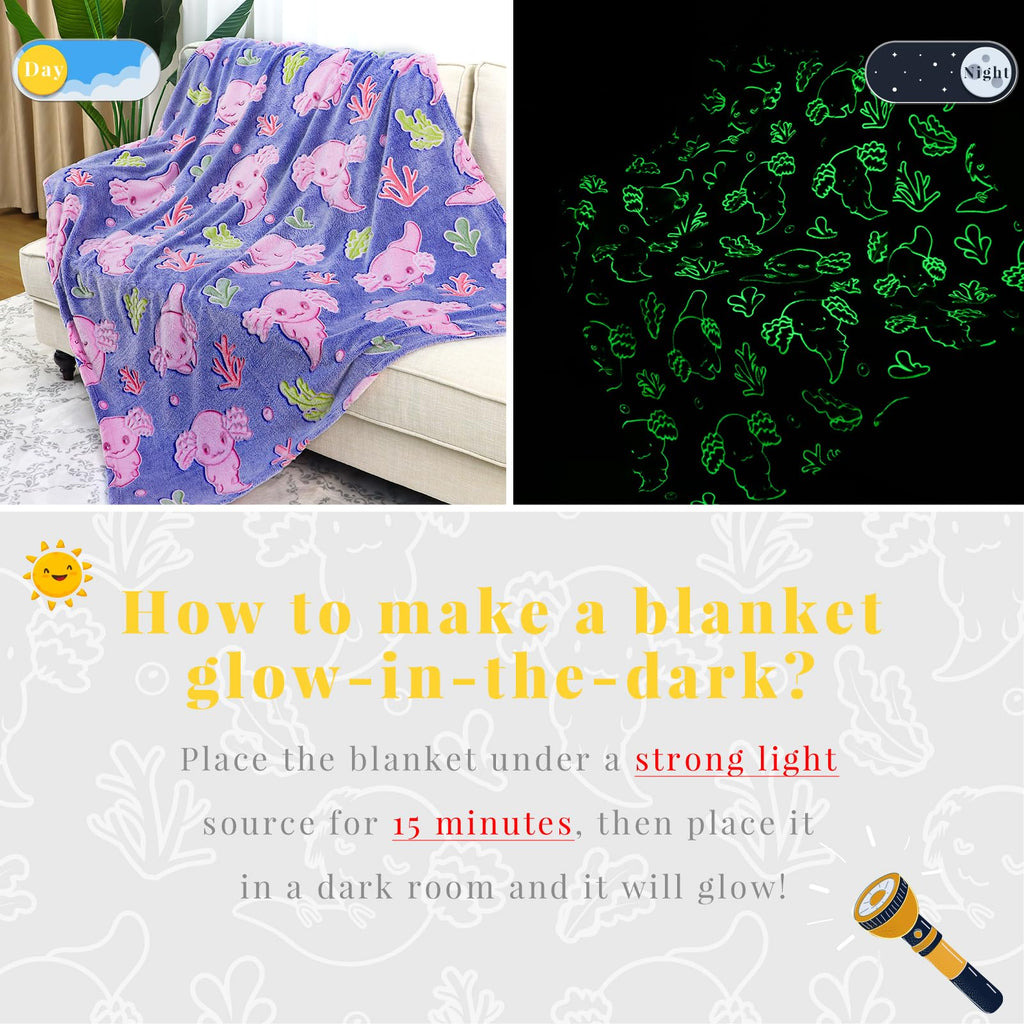 KIVEE Axolotl Gifts for Girls Kids, Glow in the Dark Axolotl Blanket for Toddler Girl, Axolotls Toys Stuff, Girls Birthday Gifts Kids Teens Christmas, Cute Axolotls Bedroom Decor, 50"x60"