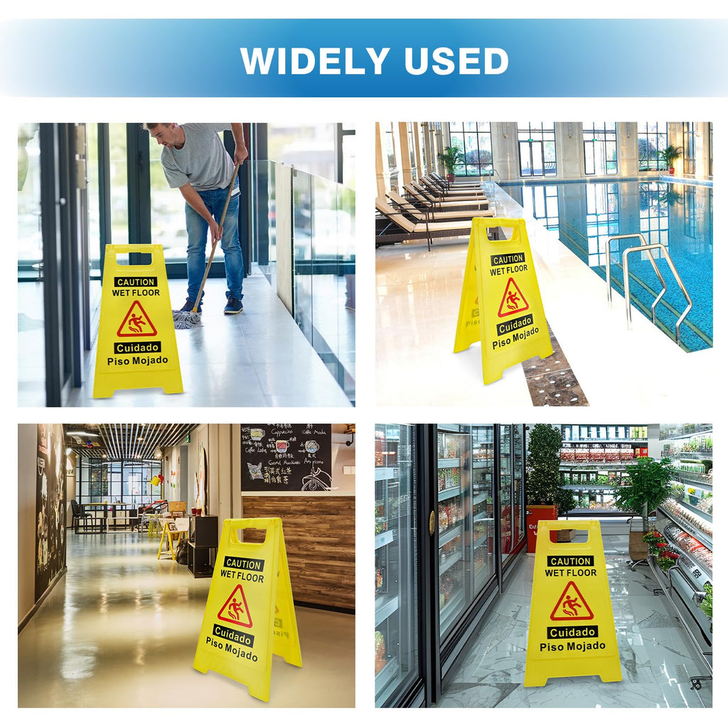 4-Pack Caution Wet Floor Sign, 17.5" Height, Bright Yellow, Double-Sided A-Shaped Frame Design, Foldable Compliant Safety Signs for public places such as restaurants, bathrooms, and offices