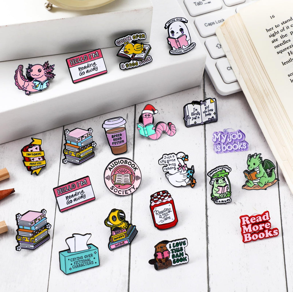 Landical 60 Pcs Book Enamel Pins for Backpacks Christmas Bookish Book Lovers Club Gifts Bulk Cute Bookworm Lapel Pins Frog Dinosaur Duck Badge Brooch for Hats Bags Lanyards Clothing