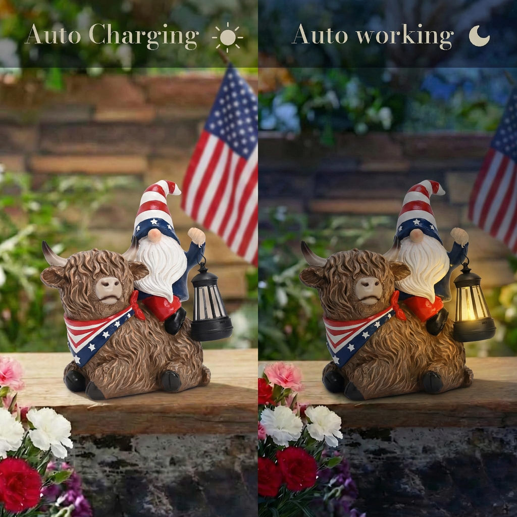 TERESA'S COLLECTIONS 4th of July Highland Cow Gnome Decorations with Solar Lantern, Memorial Day Resin Garden Yak Figurine for Home, Patriotic Independence Day USA 250th Anniversary Outdoor Decor 10"