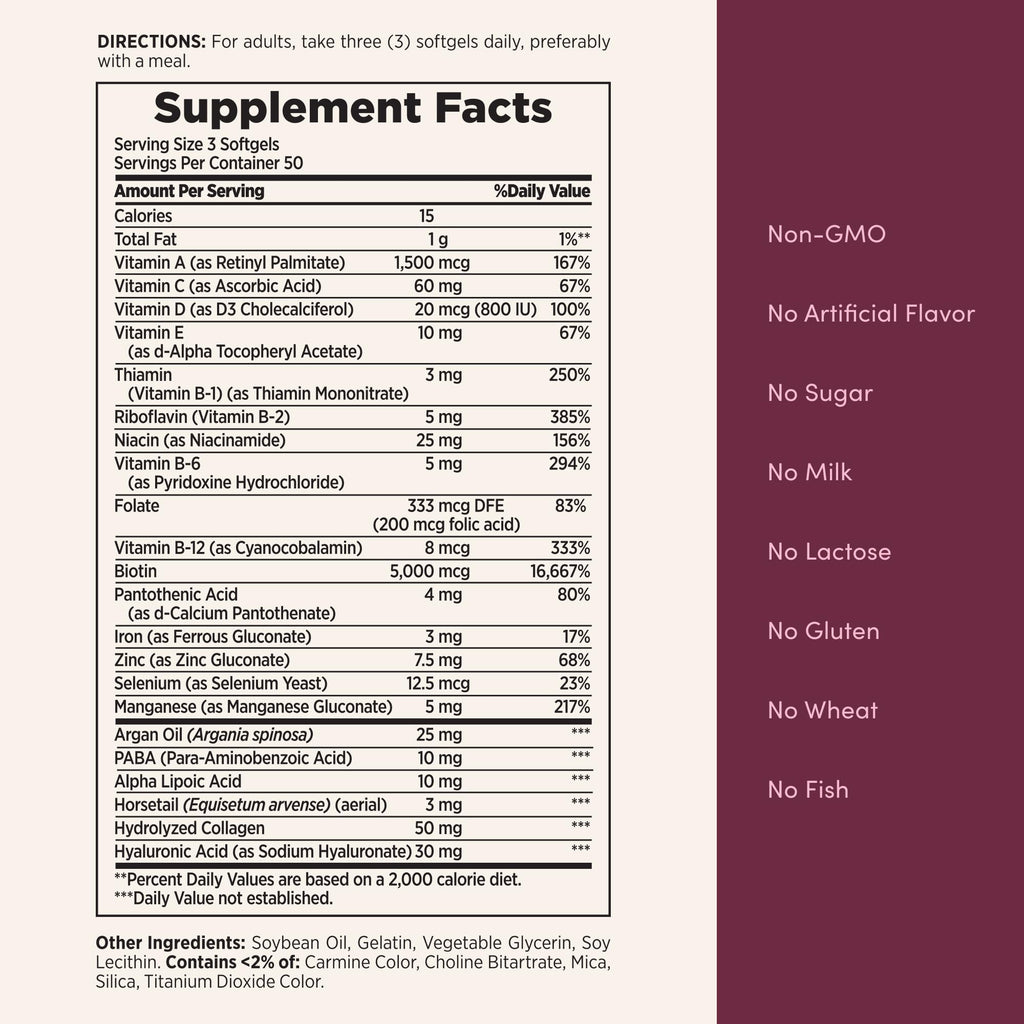 Nature's Bounty Advanced Hair, Skin & Nails, Argan-Infused Vitamin Supplement with Biotin and Hyaluronic Acid, 150 Rapid Release Softgels, 50 Total Servings