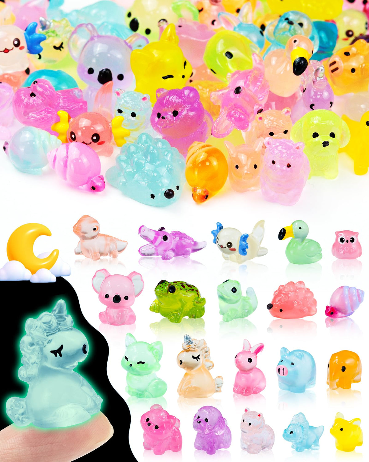 FIVEIZERO 100PCS Luminous Mini Resin Terrestrial Animals Bulk - 20 Styles Glow in The Dark Plastic Tiny Land Animal Figures for Dollhouse, Fairy Garden, Aquarium, Party Favors & DIY Craft Decor