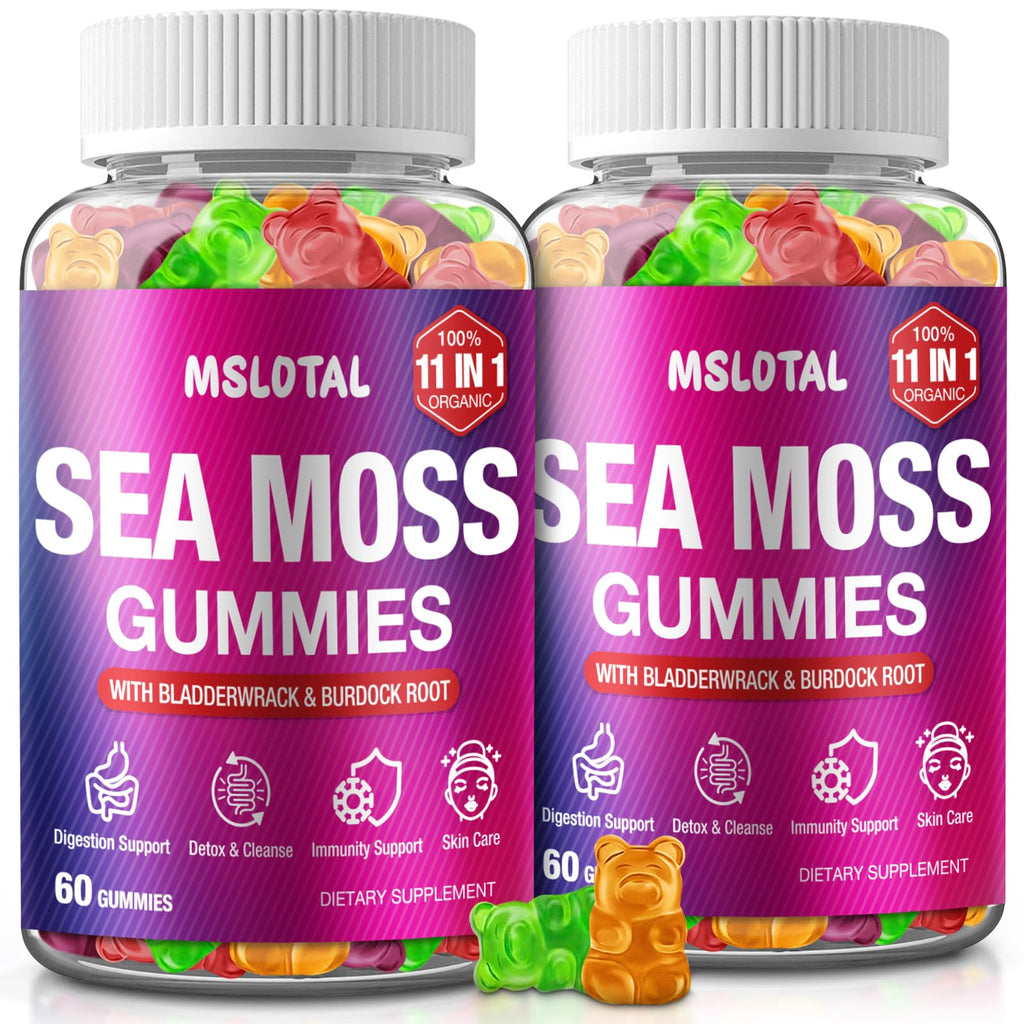 MSLOTAL Irish Sea Moss Gummies with Black Seed Oil, Ashwagandha Bladderwrack and Burdock Root, Organic Sea Moss Gummies for Women and Men with Shilajit, Immune Support, Vegan, 120 Gummies Totalss