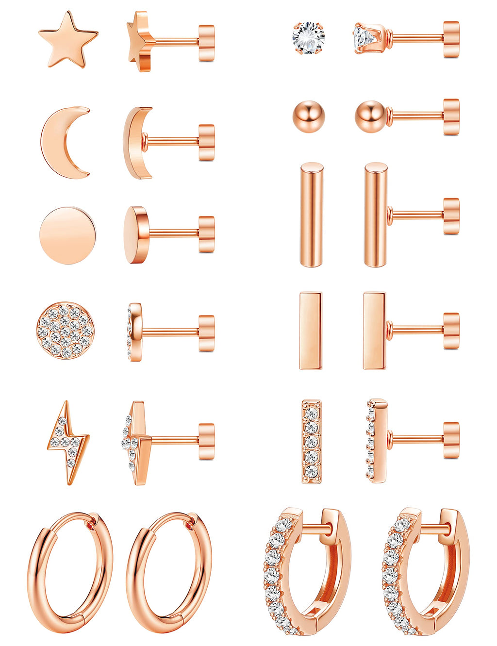 FASACCO 10Pairs Flat Back Earrings for Women Men - Hypoallergenic 14K Gold Plated Stainless Steel Flatback Stud Small Huggie Hoop Earrings 20G Tiny Gold Stud Earring Sets for Multiple PIercing Rose
