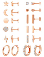 FASACCO 10Pairs Flat Back Earrings for Women Men - Hypoallergenic 14K Gold Plated Stainless Steel Flatback Stud Small Huggie Hoop Earrings 20G Tiny Gold Stud Earring Sets for Multiple PIercing Rose