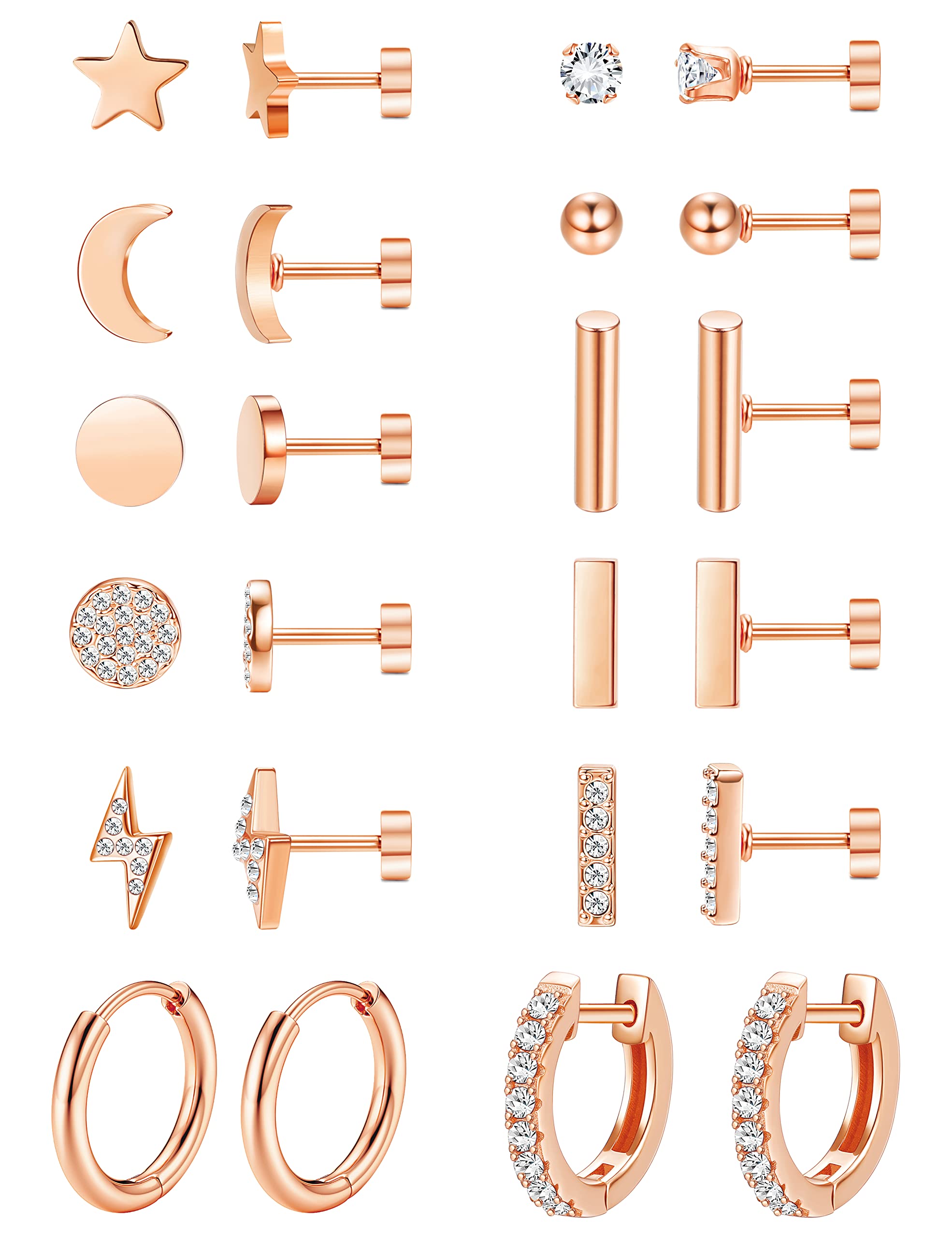 FASACCO 10Pairs Flat Back Earrings for Women Men - Hypoallergenic 14K Gold Plated Stainless Steel Flatback Stud Small Huggie Hoop Earrings 20G Tiny Gold Stud Earring Sets for Multiple PIercing Rose