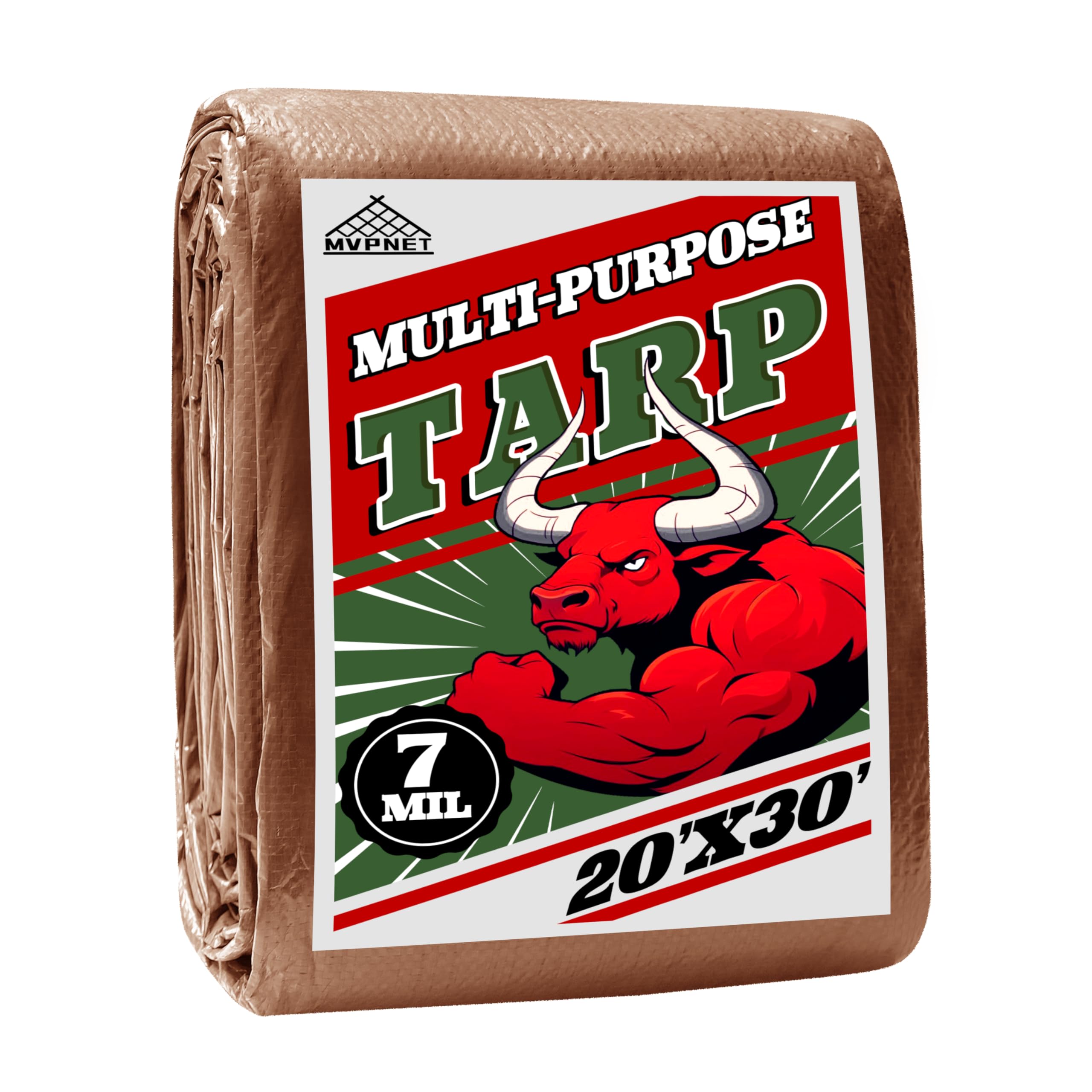 Tarp 20x30 ft 100% Waterproof 7mil Durable Grommets and Reinforced Edges,Uv Resistant,Green/Brown Tarp,Emergency Rain Shelter,Outdoor Cover and Camping Use -by MVPNET