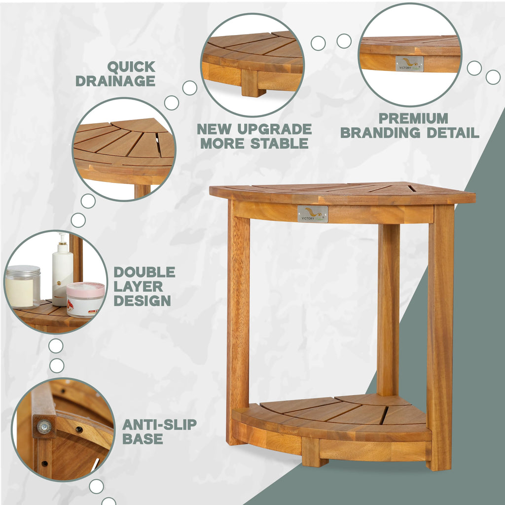 VICTORY RELAX Acacia Wood Corner Shower Stool - Waterproof Triangular Bathroom Bench with Storage Shelf & Soap Dish for Shaving, Natural Wood (17.9x12.7x16.5)