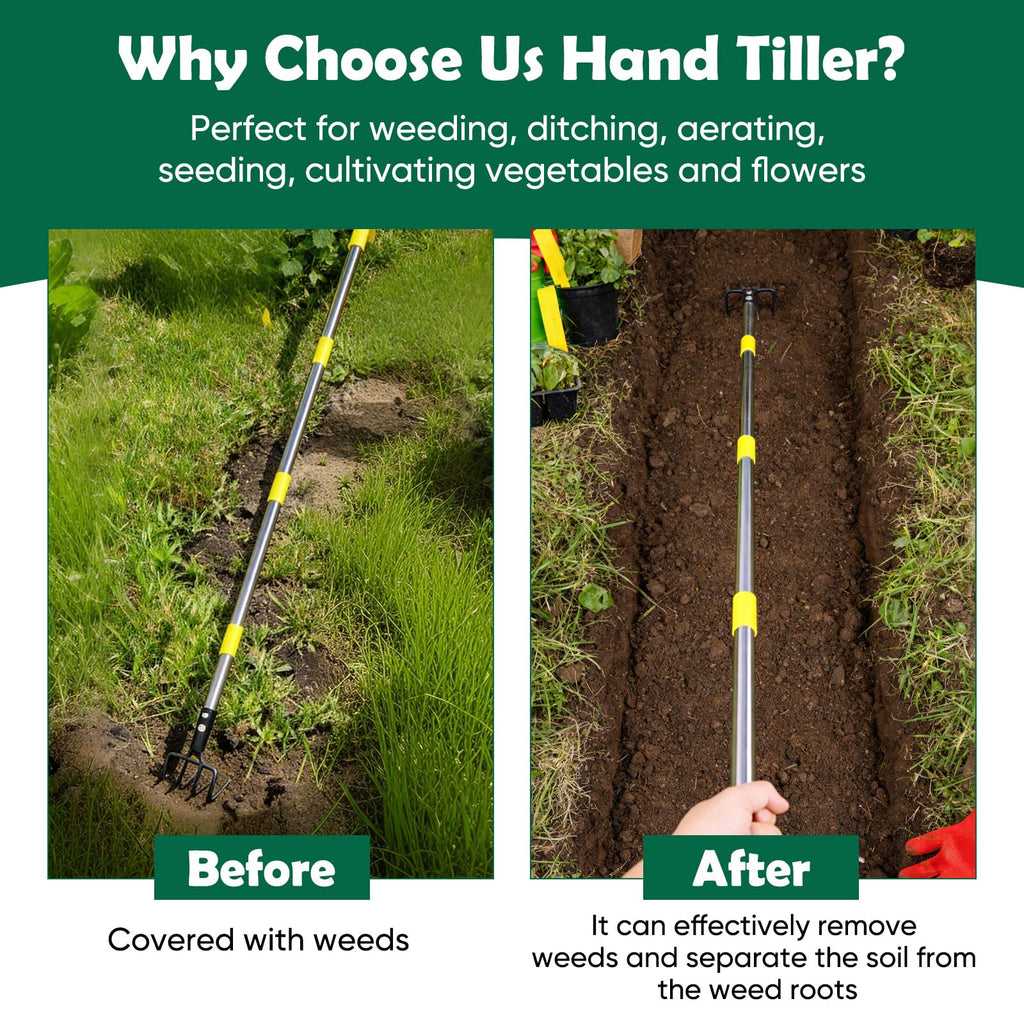 Garden Hand Tiller Cultivator, 4-Tine Adjustable Long Handle