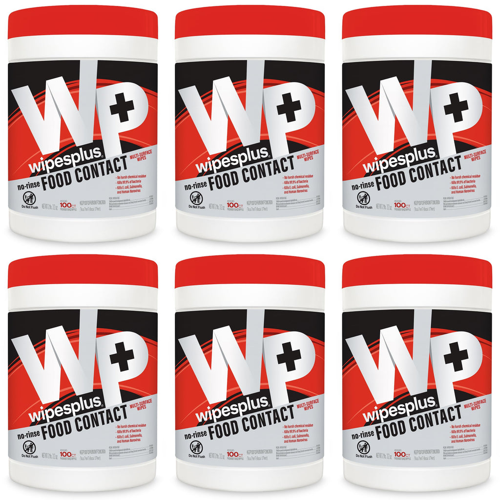 WIPESPLUS No-Rinse Food Contact Wipes Canister Multi-Surface Wipes, Unscented for Home and Business, 600, (6 Packs of 100)