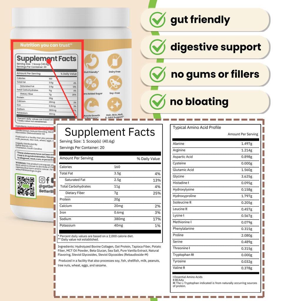 Better Blends Collagen Peptides and Oat Protein Powder- Low FODMAP Certified, Diary-Free, Soy-Free, 100% Gut-Friendly and Non-Bloating, Vanilla, 20 Servings