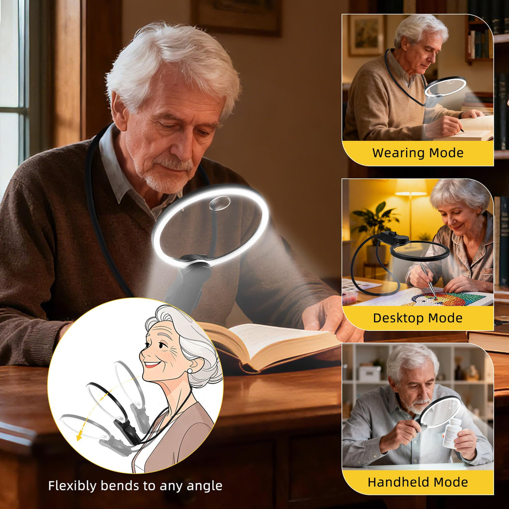 EVINYEP 2500mAh Magnifying Glass with Light, Upgrade LCD Display Screen 5X/10X Lighted Magnifier for Seniors & Low Vision, Hands Free Magnifier for Reading, Knitting, Cross Stitch & Crafts(Black)