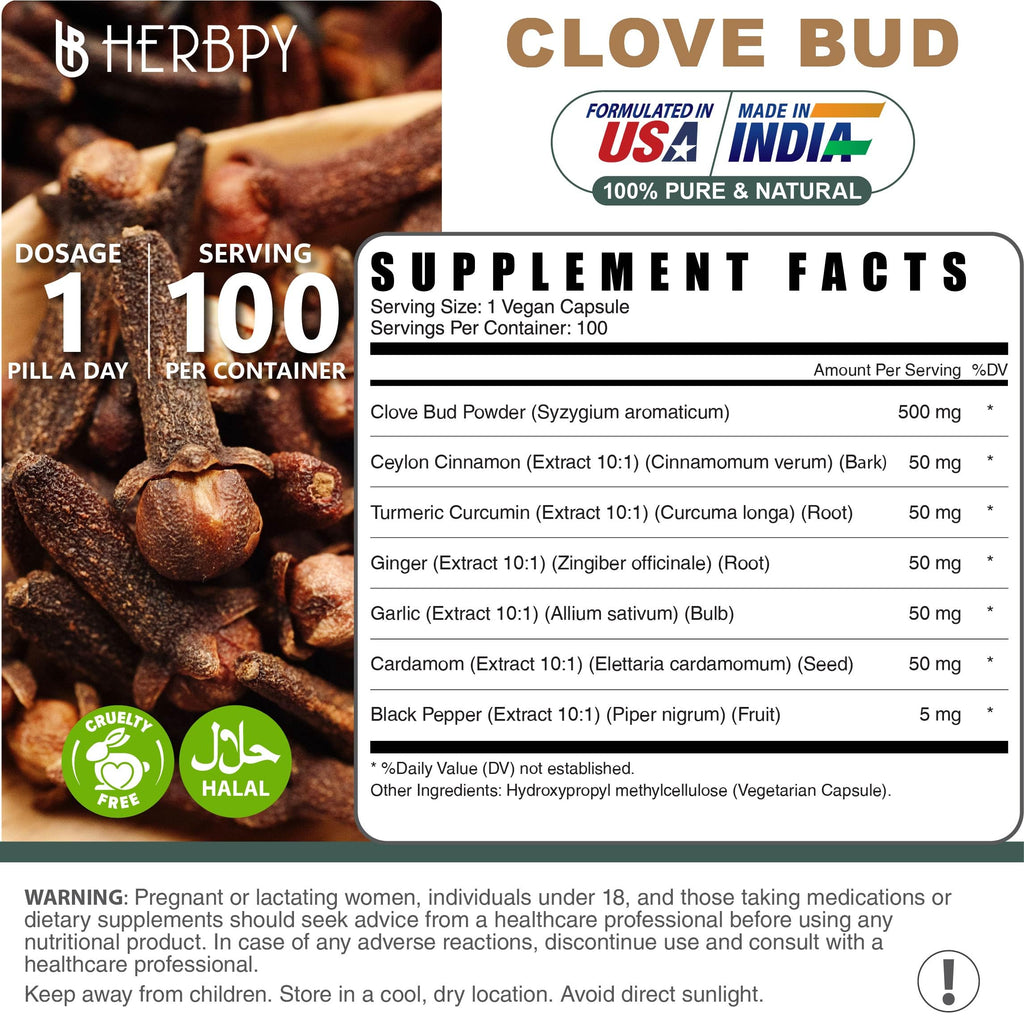 Herbpy 7in1 Clove Supplement Rich in Vitamins & Minerals Supports Digestion, Immune & Heart Health with Cinnamon, Turmeric, Ginger, Cardamom, Garlic & Black Pepper - 100 Vegan Capsules
