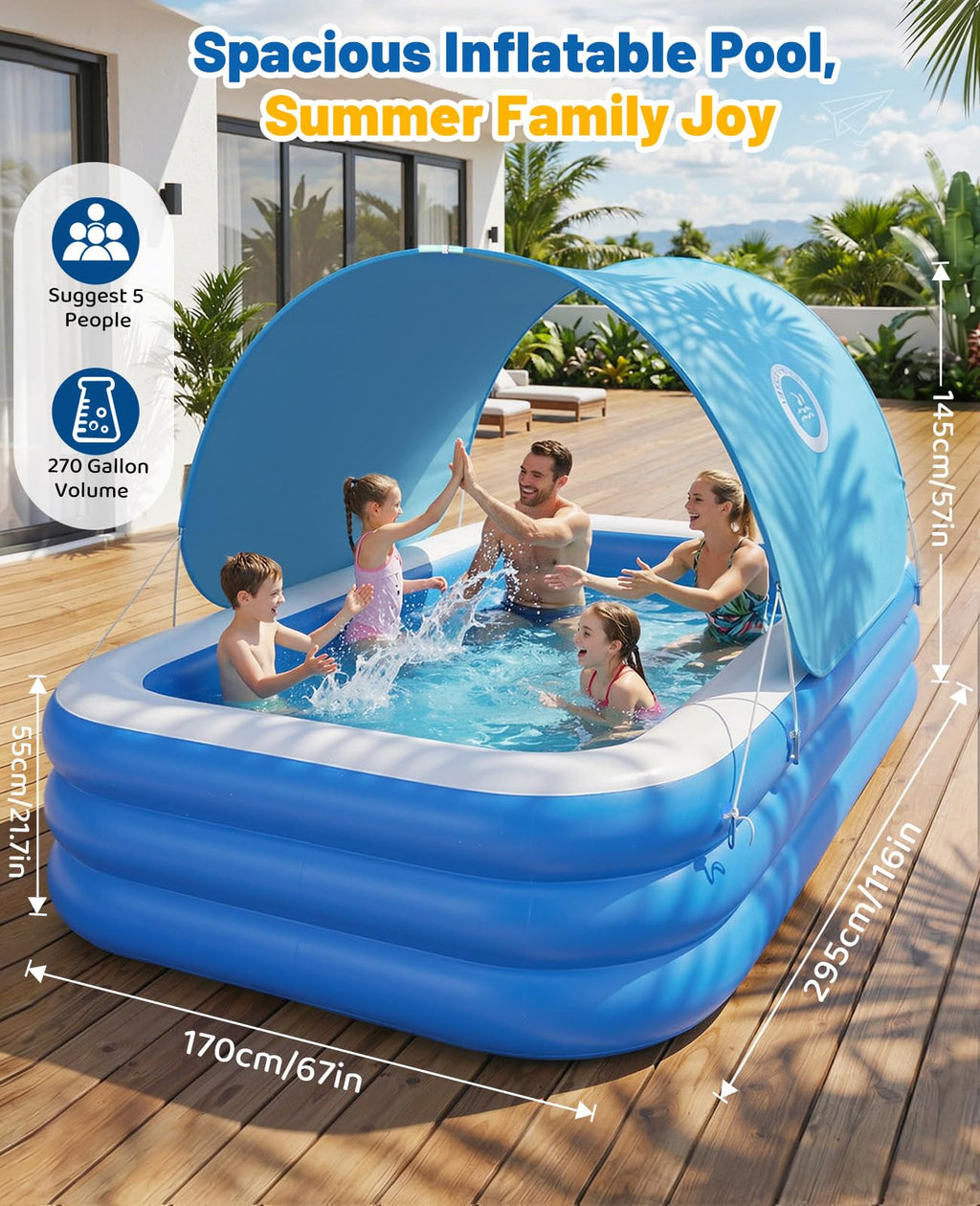 HeySplash Inflatable Pool with Canopy, Swimming Pool for Adults, Large Blow Up Pool Ideal for Family Backyard Garden Party, Outdoor Summer Fun, 118" x 69" x 24"(Blue)