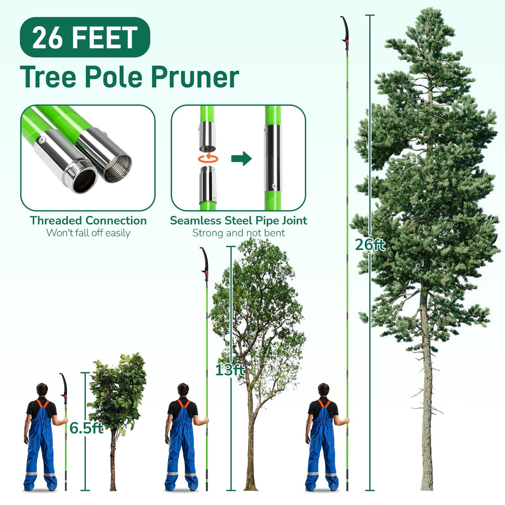 VINGLI 26FT Manual Pole Saw for Tree Trimming, Extendable Tree Pruner, Sharp Steel Blade and Scissors, High Tree Branch Cutter with Lightweight 8 Fiberglass Long Handles, for Pruning Palms and Shrubs