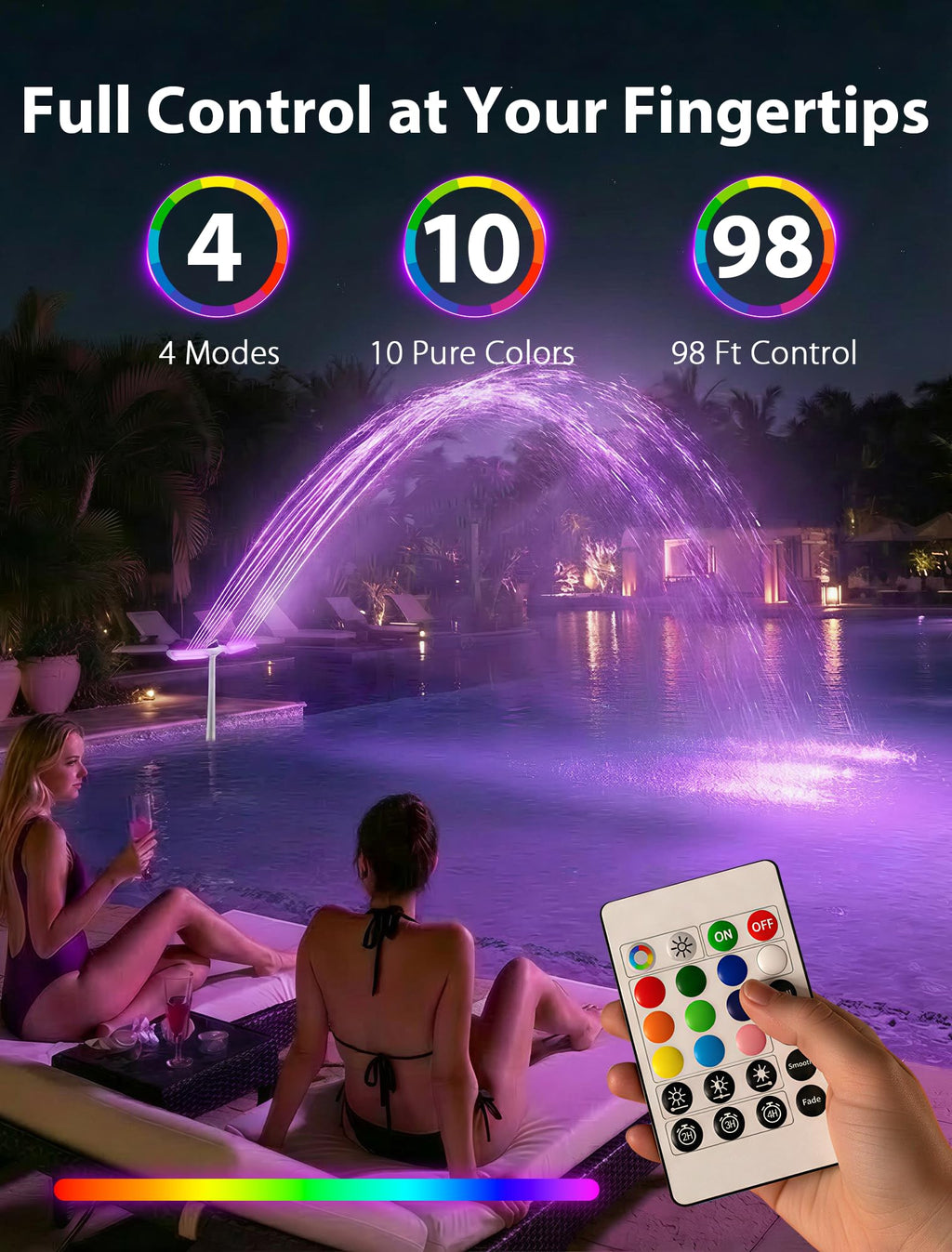 POOLHOUR 2026 Upgrade Height Solar Pool Fountain with 10-Color 4-Mode LED Lights, Auto Light-Sensing Pool Sprinkler Fountain for Above/Inground Pools, 360° Adjustable Spray for 8-16°F Cooling (Gray)