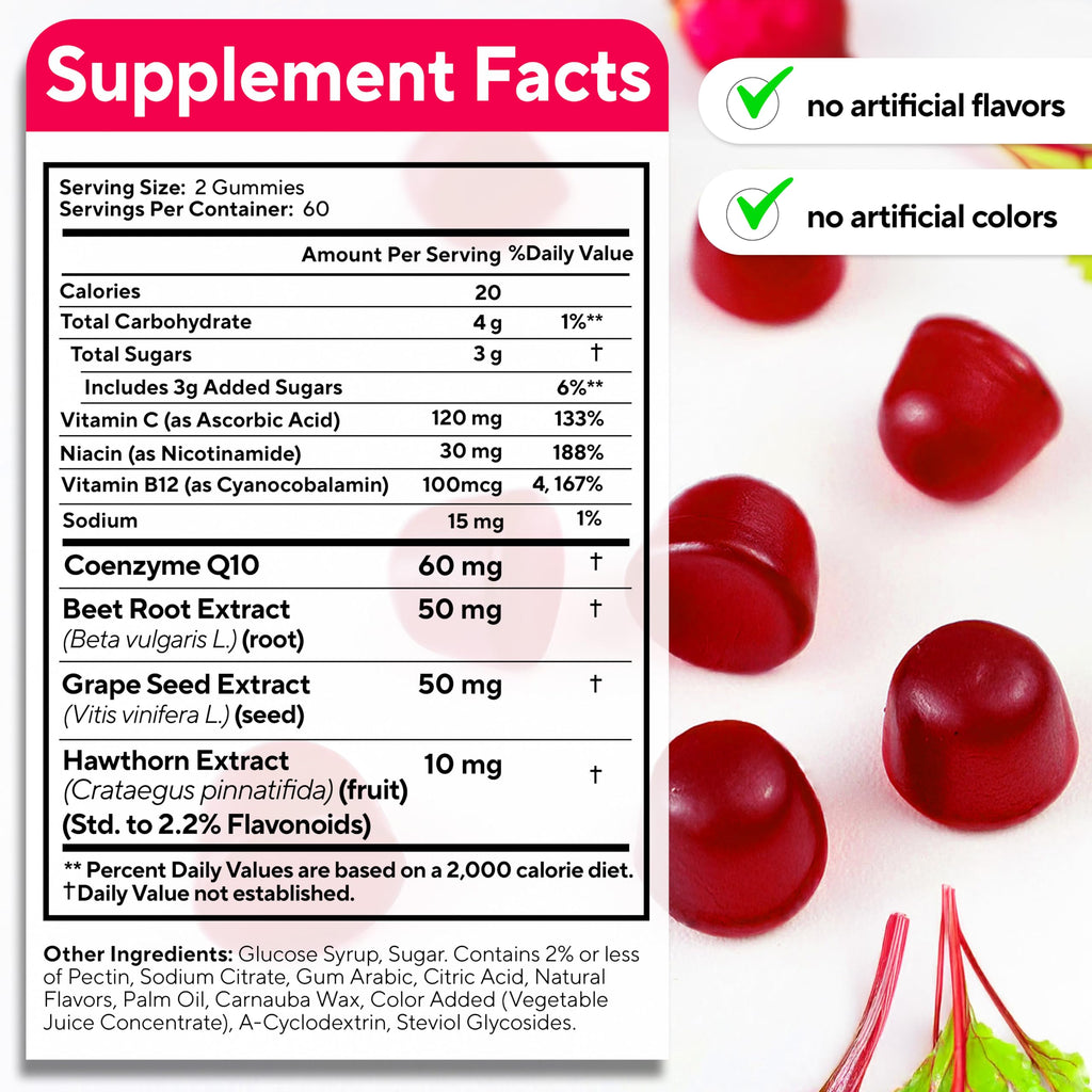 VitaUp Beet Root Gummies – Beetroot Gummies with CoQ10, Grape Seed, Vitamin C, B12 & B3 – Nitric Oxide Gummies for Circulation Support – Beet Supplement for Energy & Immune Support – 120 Beets Chews